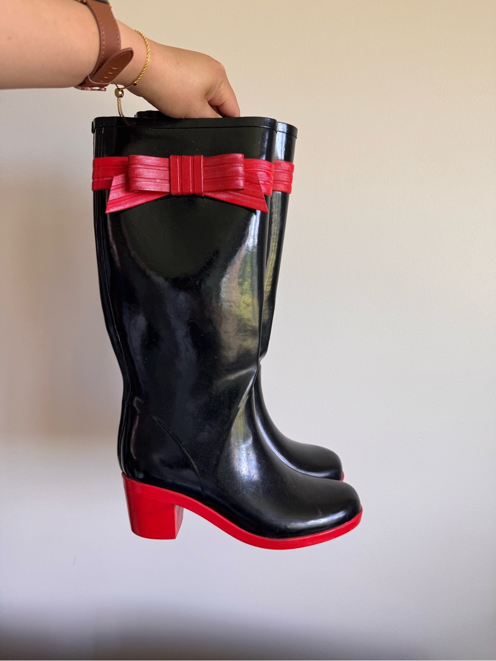 kate spade Black Rain Boots with Red Bow and Heel